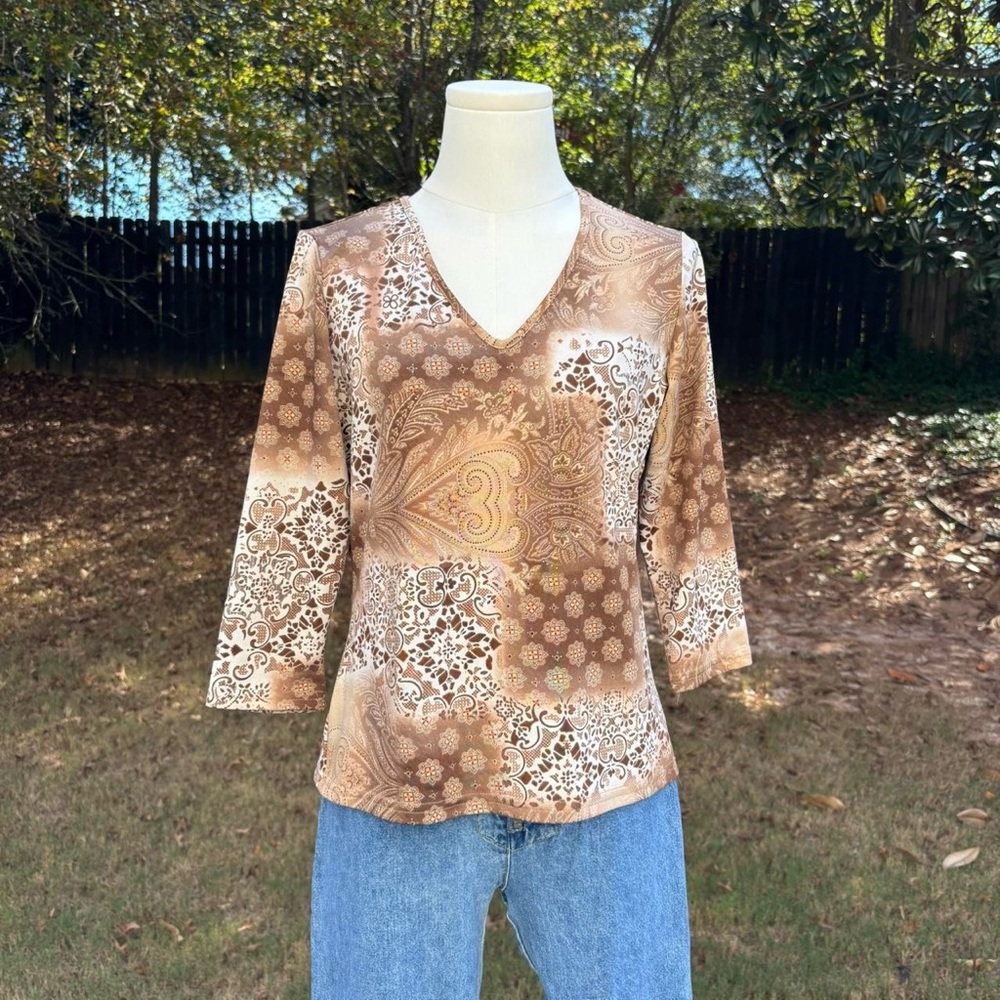 90s vintage JKLA California tan beige paisley patchwork top 🏹